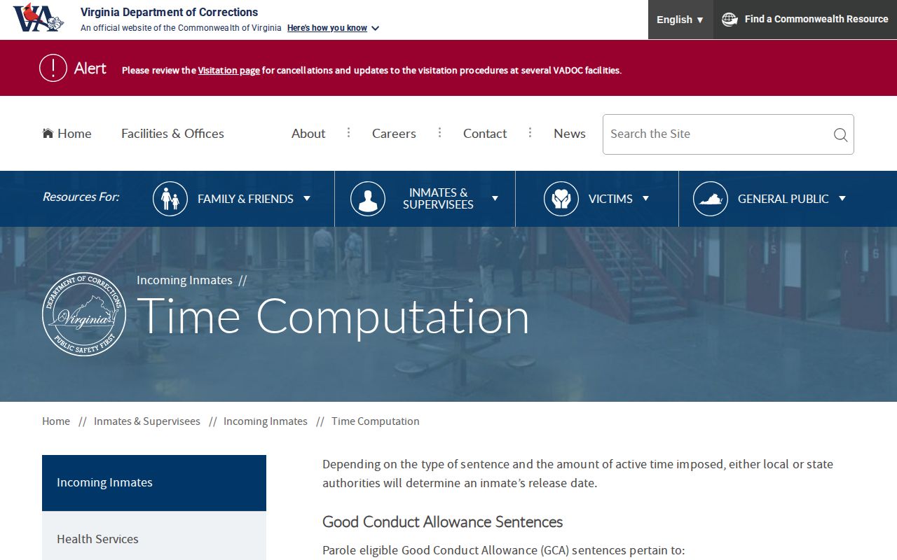 Russell County projected release date information on the VADOC Time Computation page