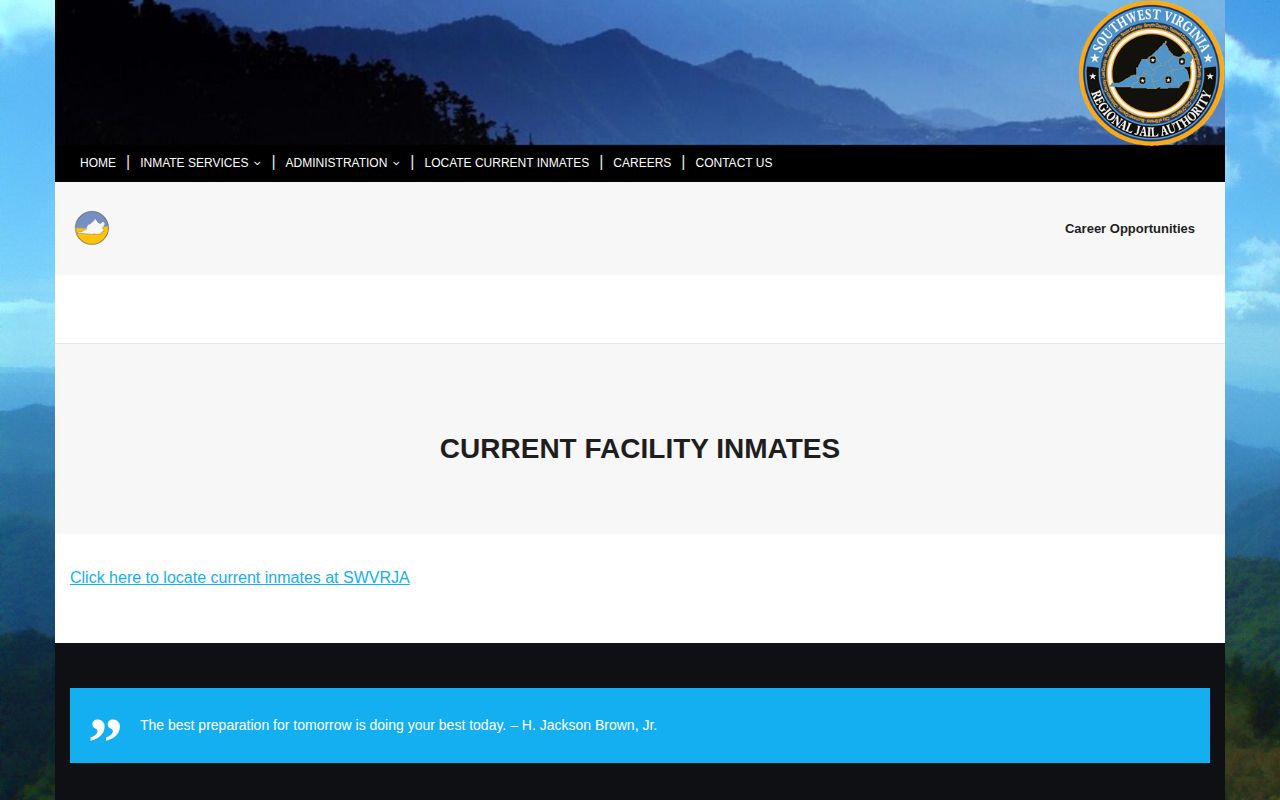 SWVRJA Current Facility Inmates landing page for Russell County custody checks